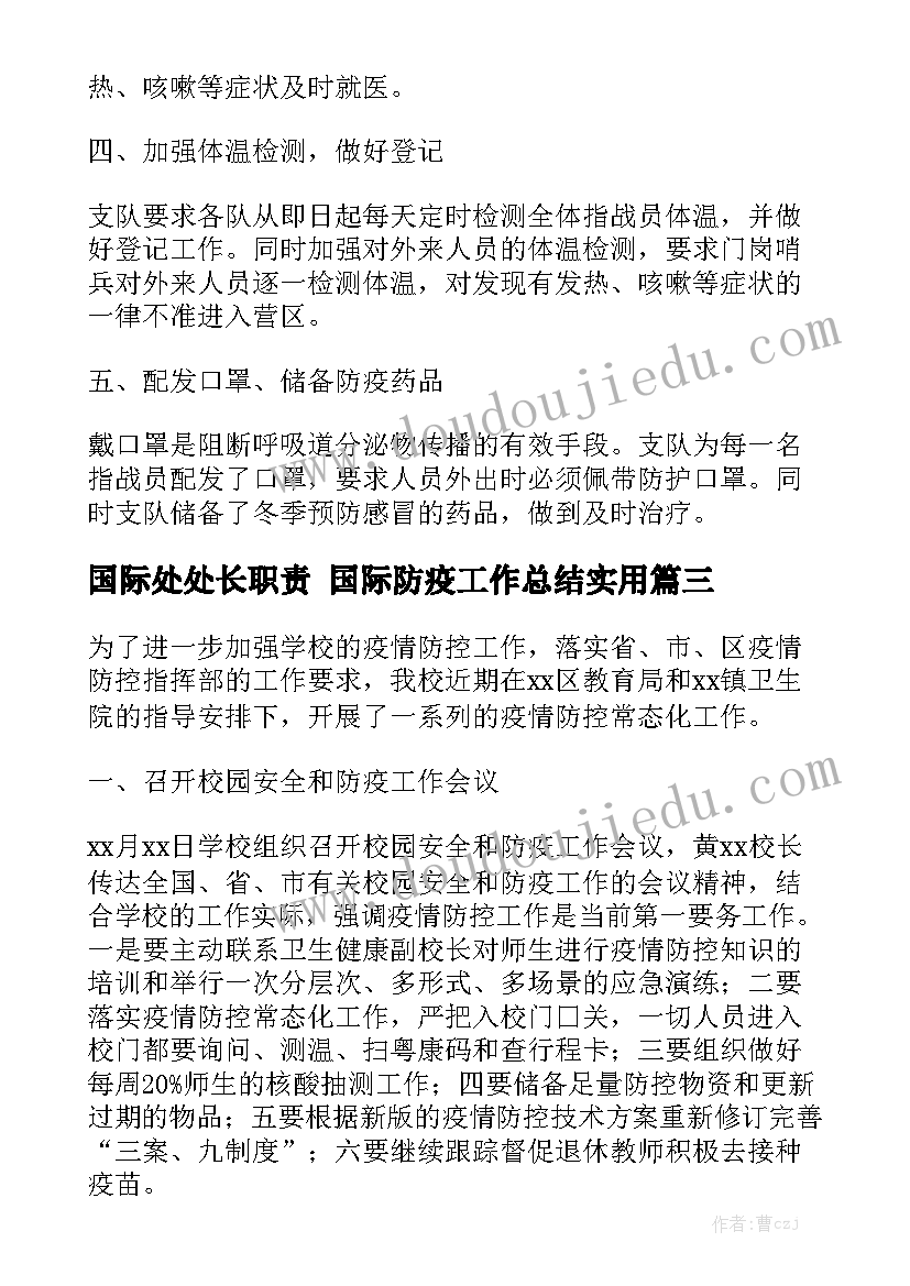 国际处处长职责 国际防疫工作总结实用