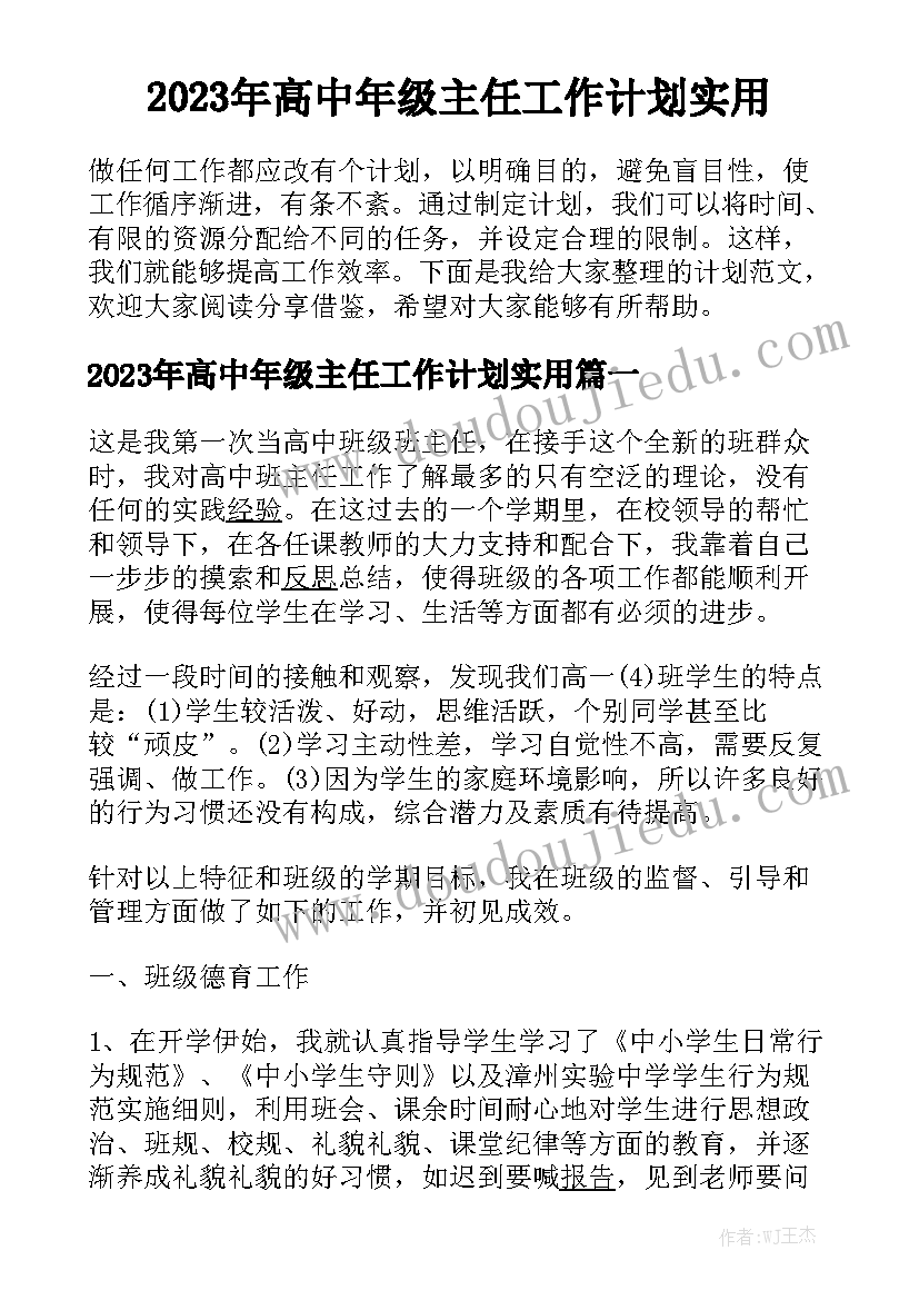 2023年高中年级主任工作计划实用