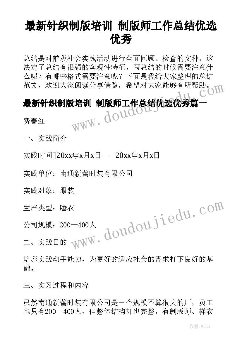 最新针织制版培训 制版师工作总结优选优秀