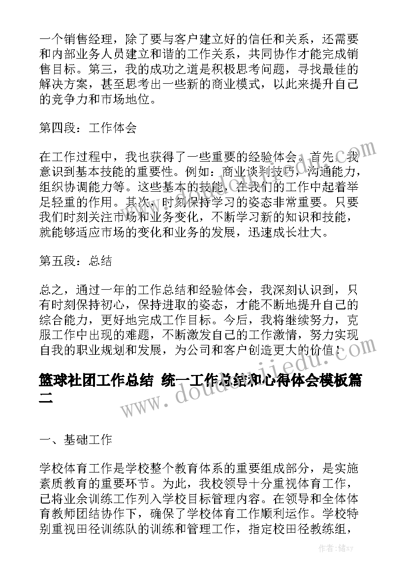 篮球社团工作总结 统一工作总结和心得体会模板