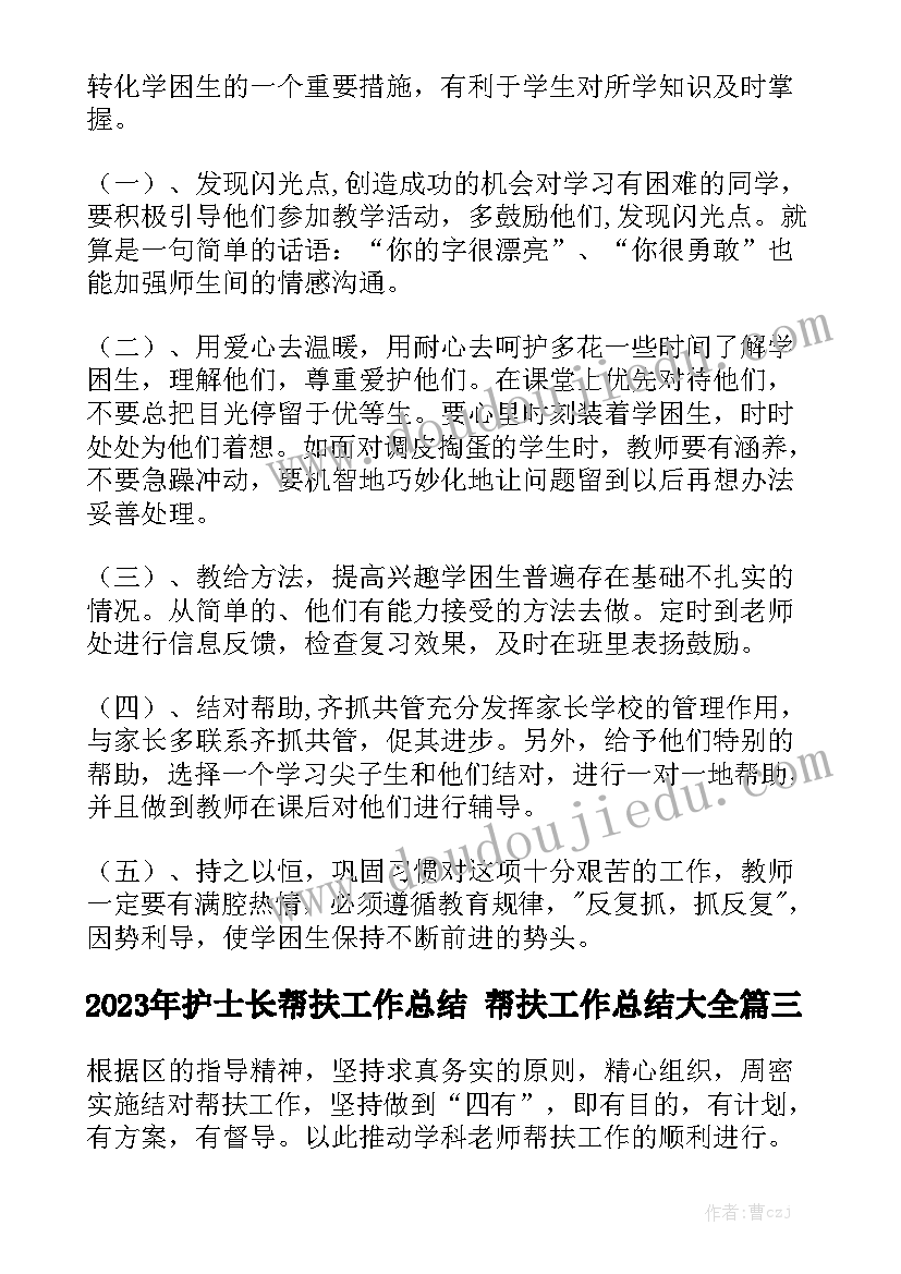 2023年护士长帮扶工作总结 帮扶工作总结大全