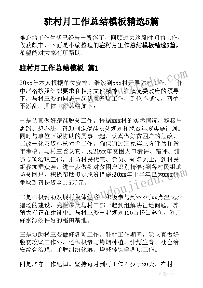 驻村月工作总结模板精选5篇