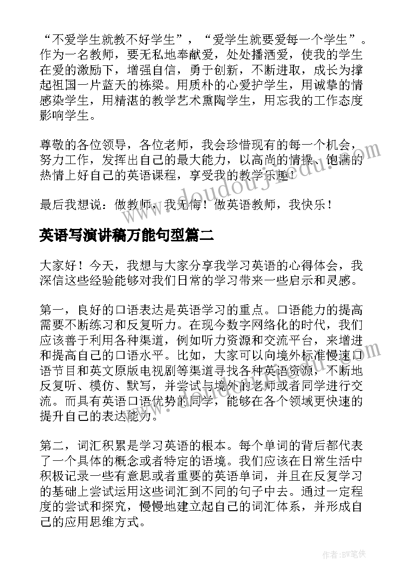 最新英语写演讲稿万能句型(通用6篇)