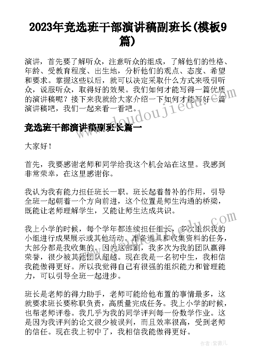 2023年竞选班干部演讲稿副班长(模板9篇)