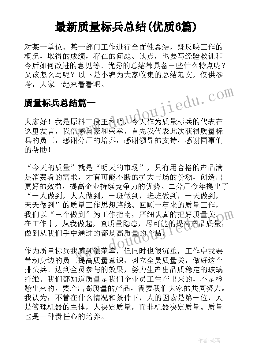 最新质量标兵总结(优质6篇)