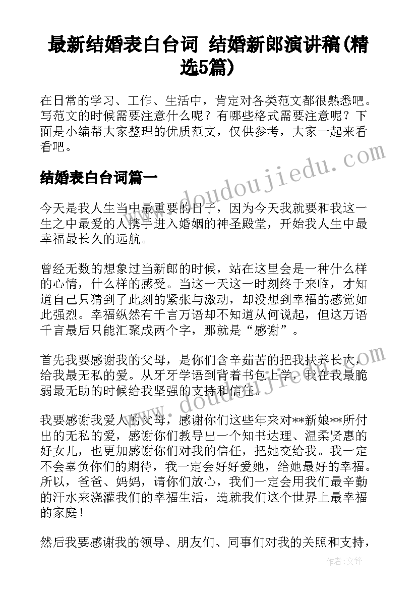 最新结婚表白台词 结婚新郎演讲稿(精选5篇)