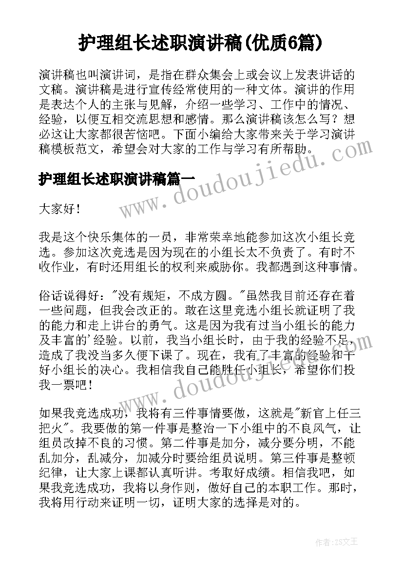 护理组长述职演讲稿(优质6篇)