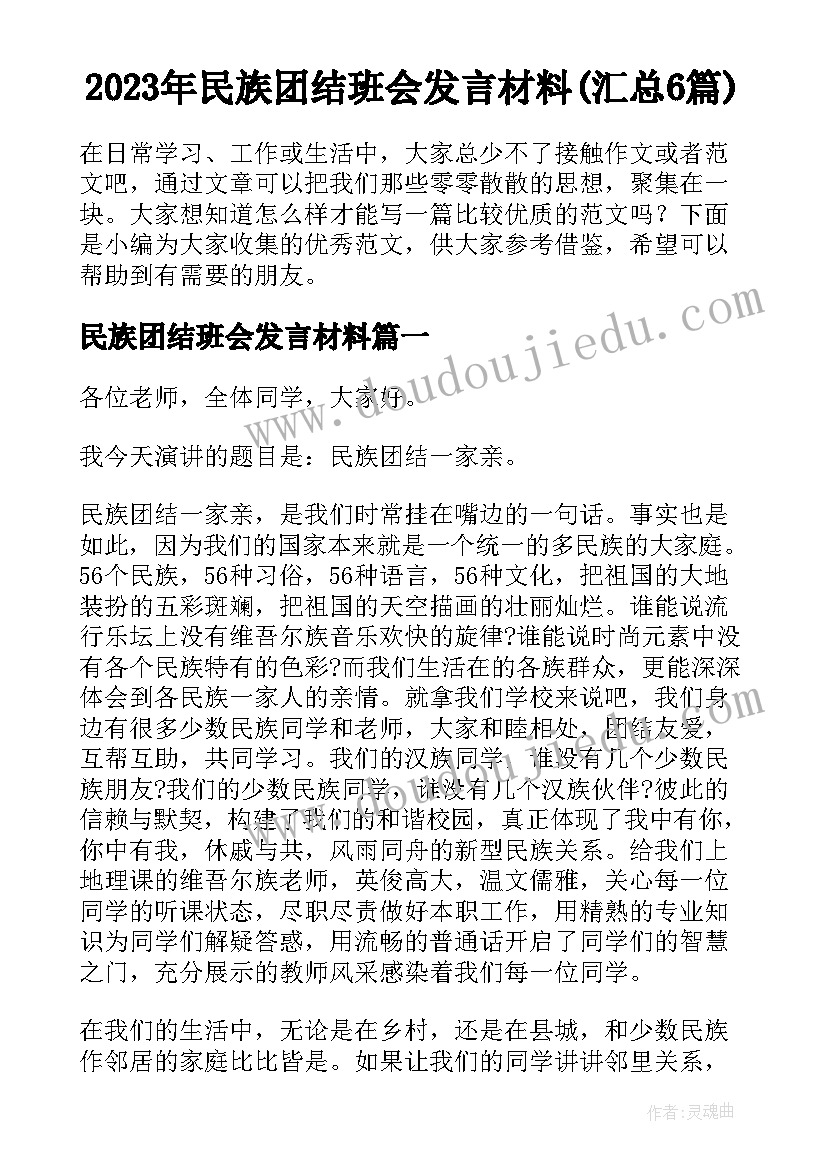 2023年民族团结班会发言材料(汇总6篇)