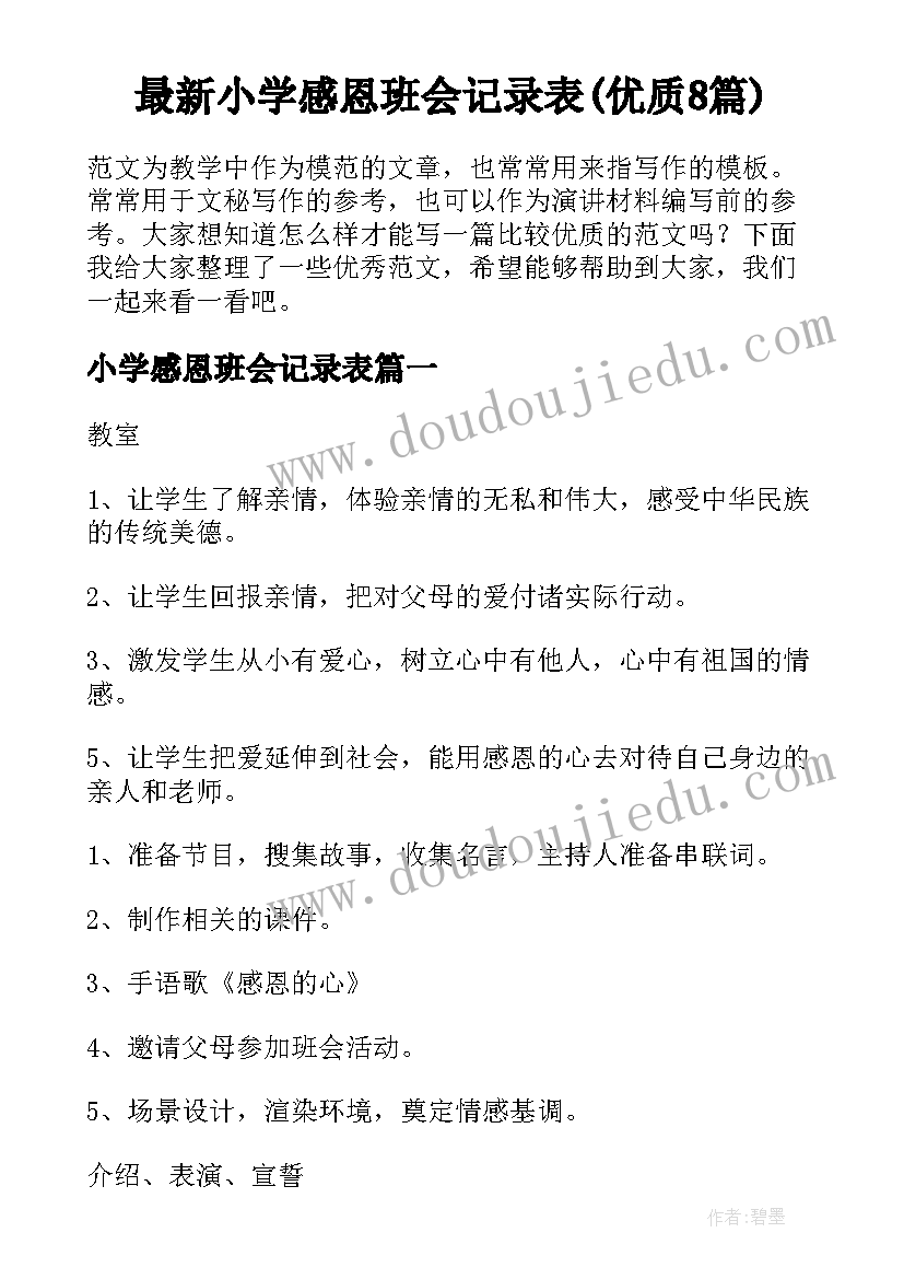 最新小学感恩班会记录表(优质8篇)