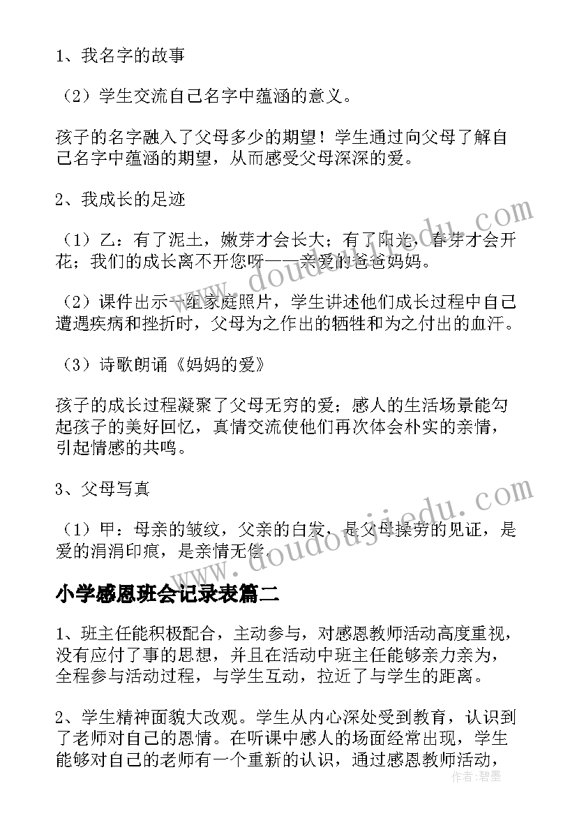 最新小学感恩班会记录表(优质8篇)