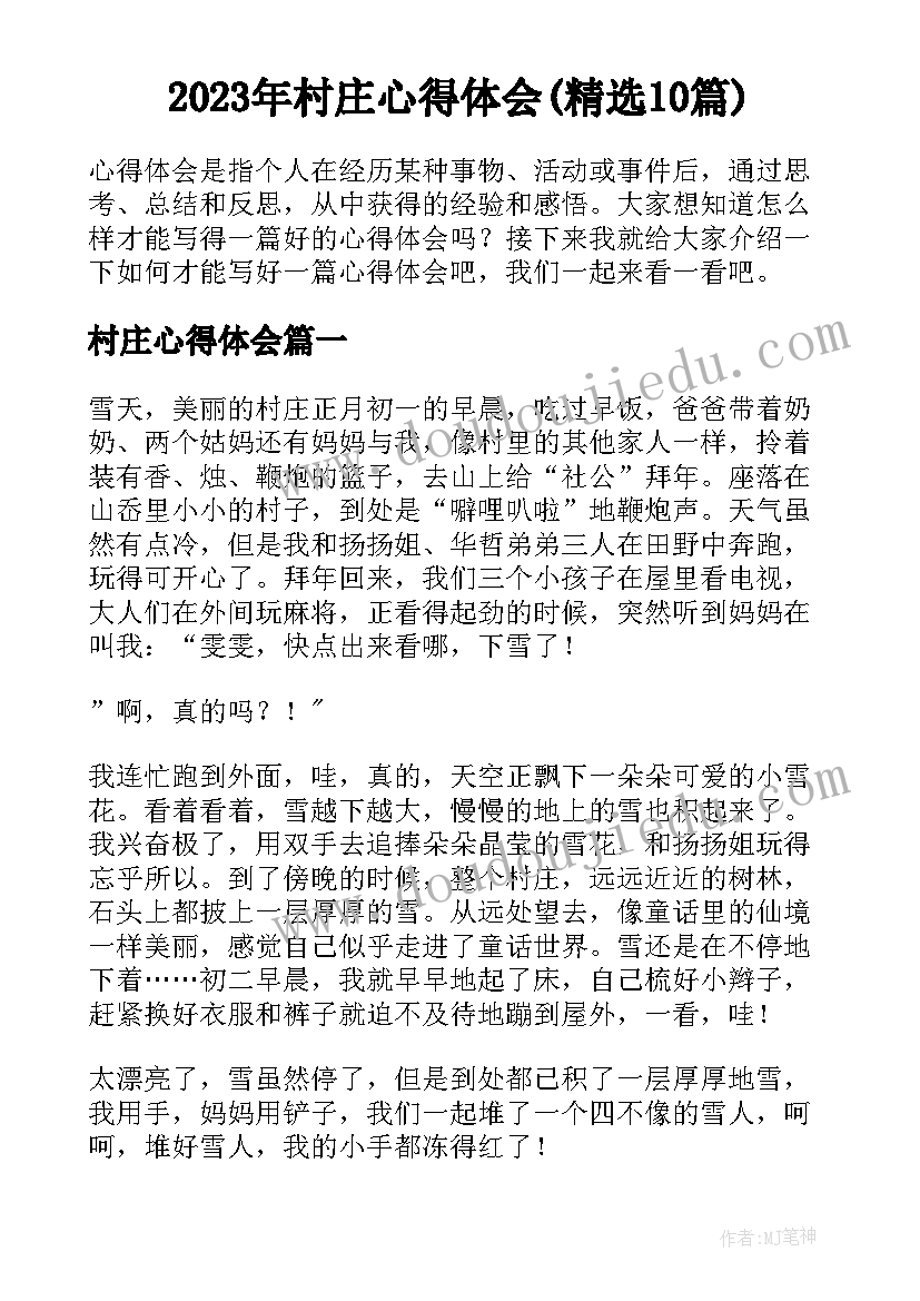 2023年村庄心得体会(精选10篇)