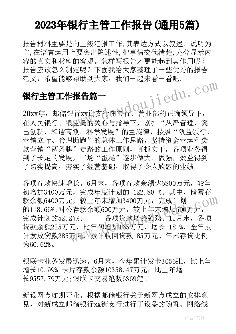 2023年银行主管工作报告(通用5篇)