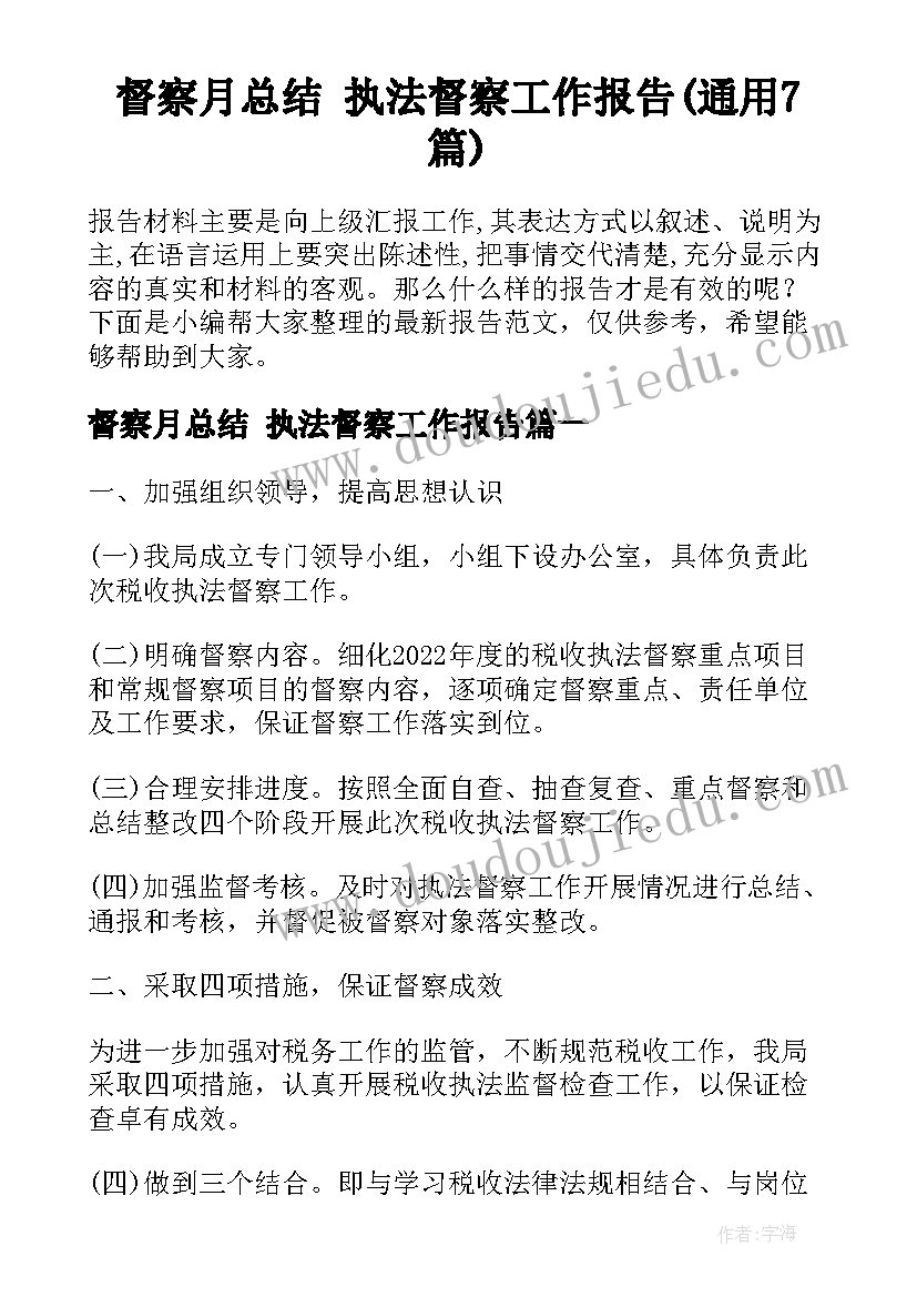 督察月总结 执法督察工作报告(通用7篇)