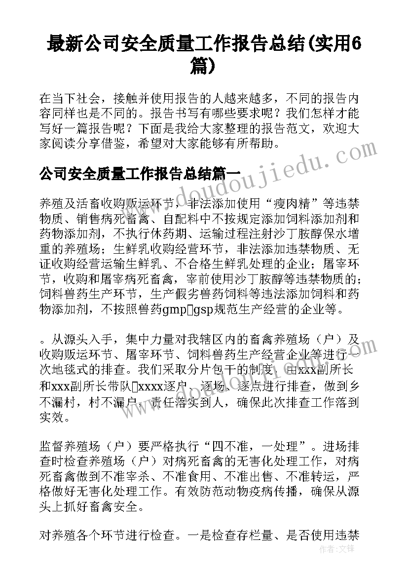 最新公司安全质量工作报告总结(实用6篇)