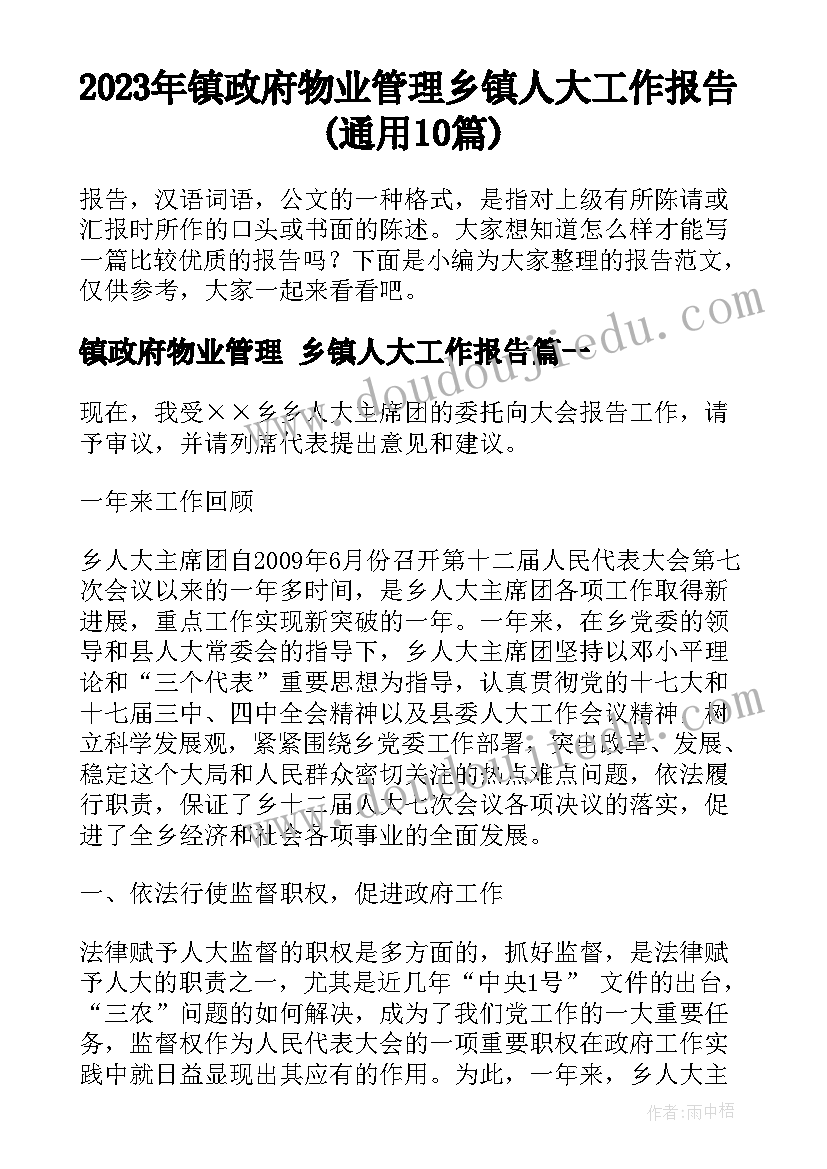 2023年镇政府物业管理 乡镇人大工作报告(通用10篇)