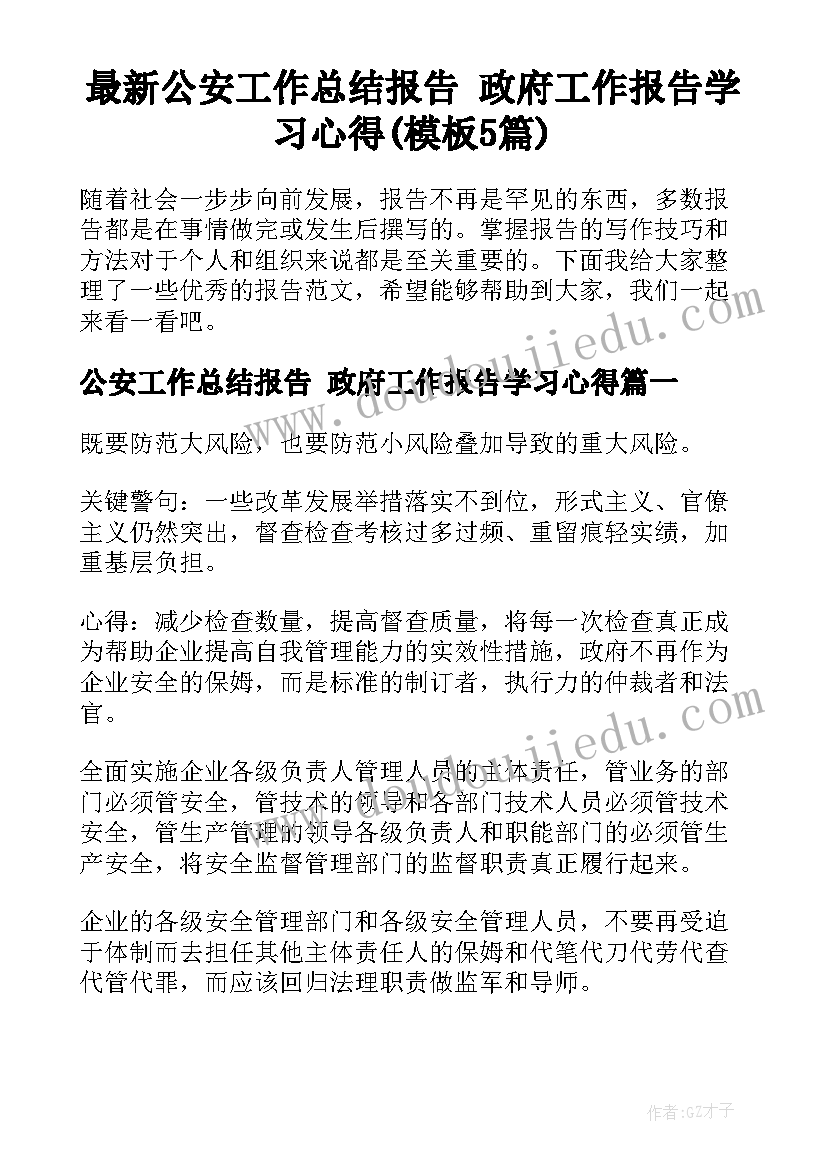 最新公安工作总结报告 政府工作报告学习心得(模板5篇)