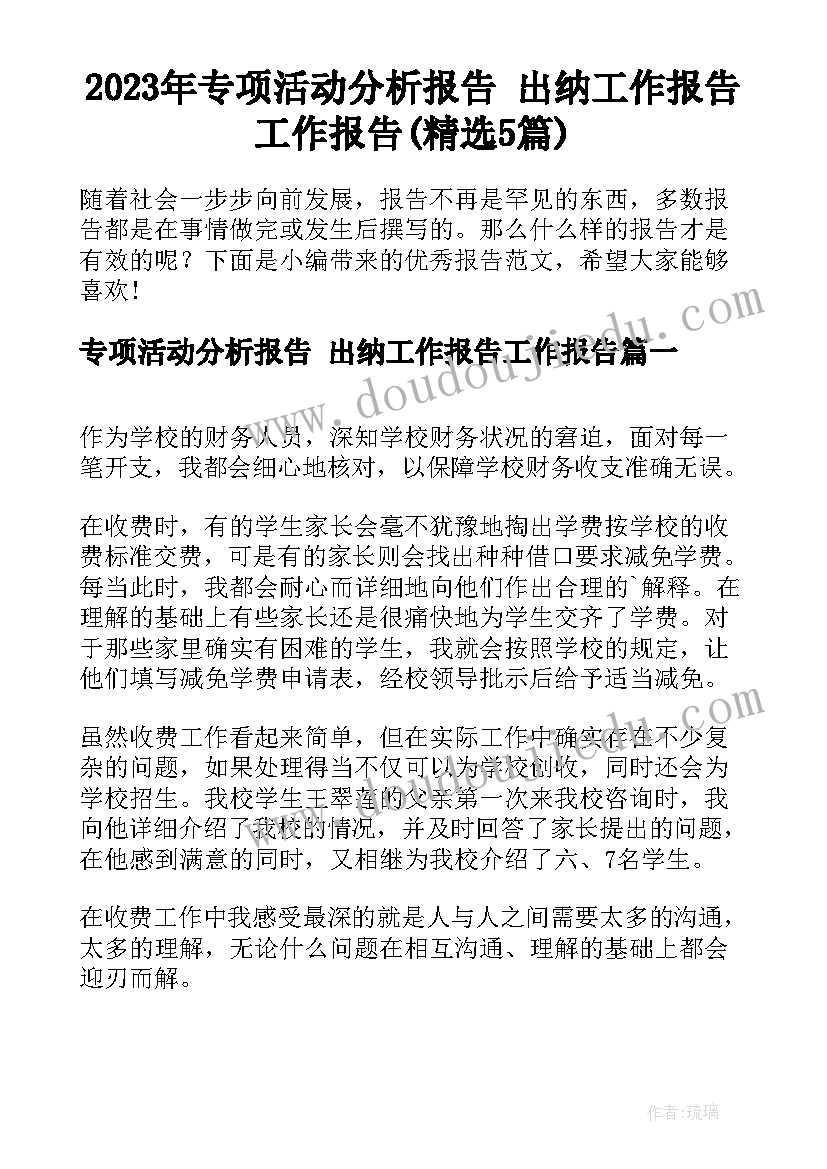 2023年专项活动分析报告 出纳工作报告工作报告(精选5篇)