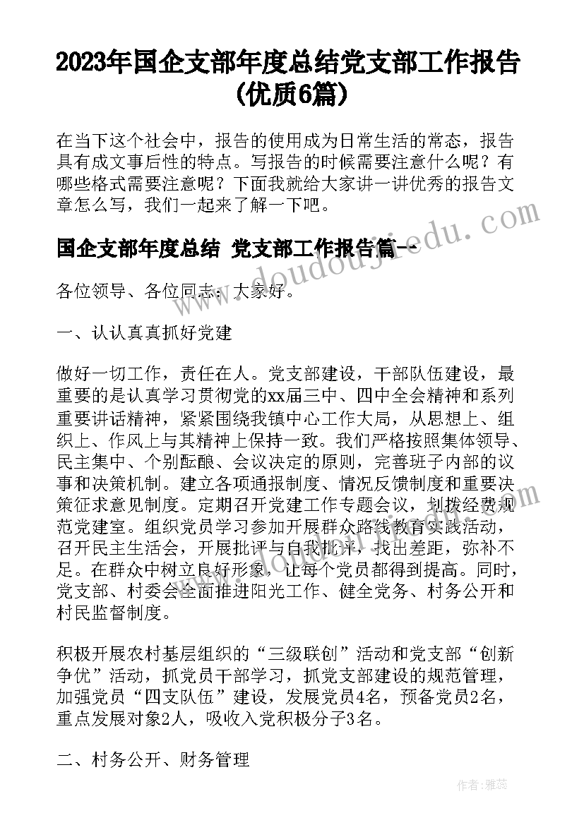 2023年国企支部年度总结 党支部工作报告(优质6篇)