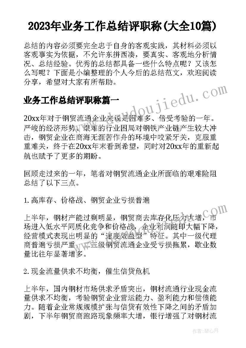 2023年业务工作总结评职称(大全10篇)