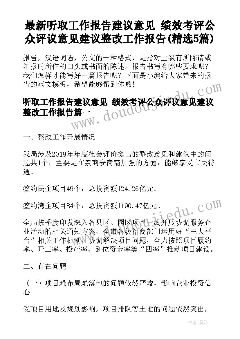 最新听取工作报告建议意见 绩效考评公众评议意见建议整改工作报告(精选5篇)