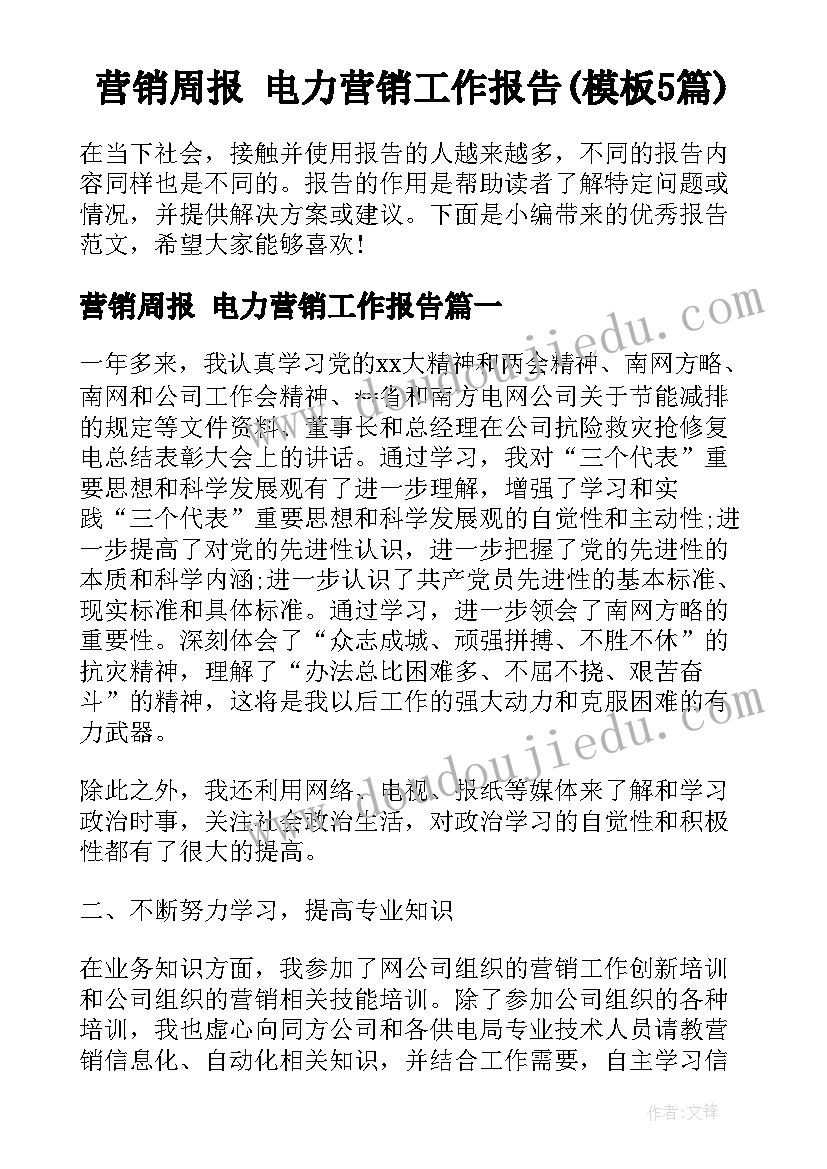 营销周报 电力营销工作报告(模板5篇)