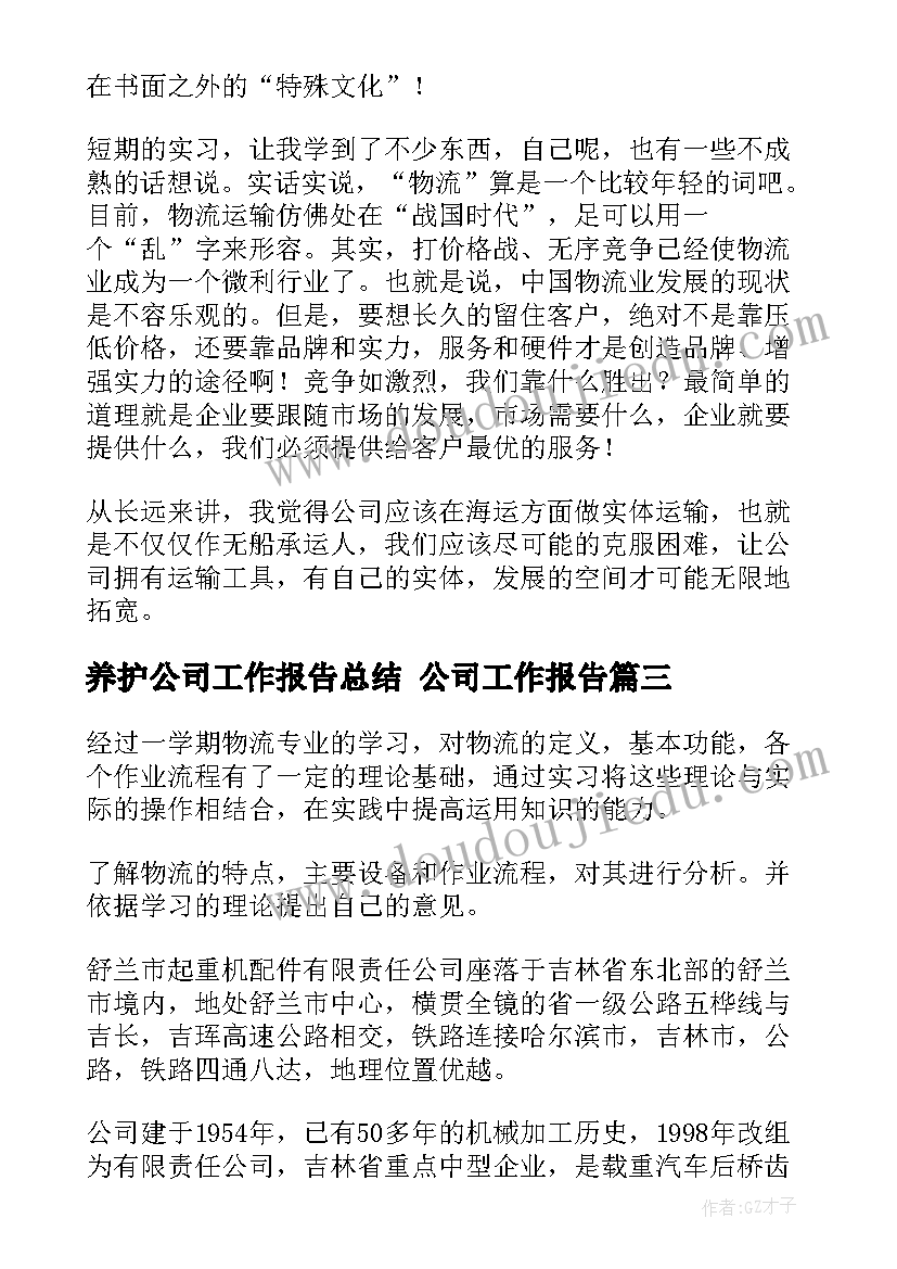 最新养护公司工作报告总结 公司工作报告(优质6篇)