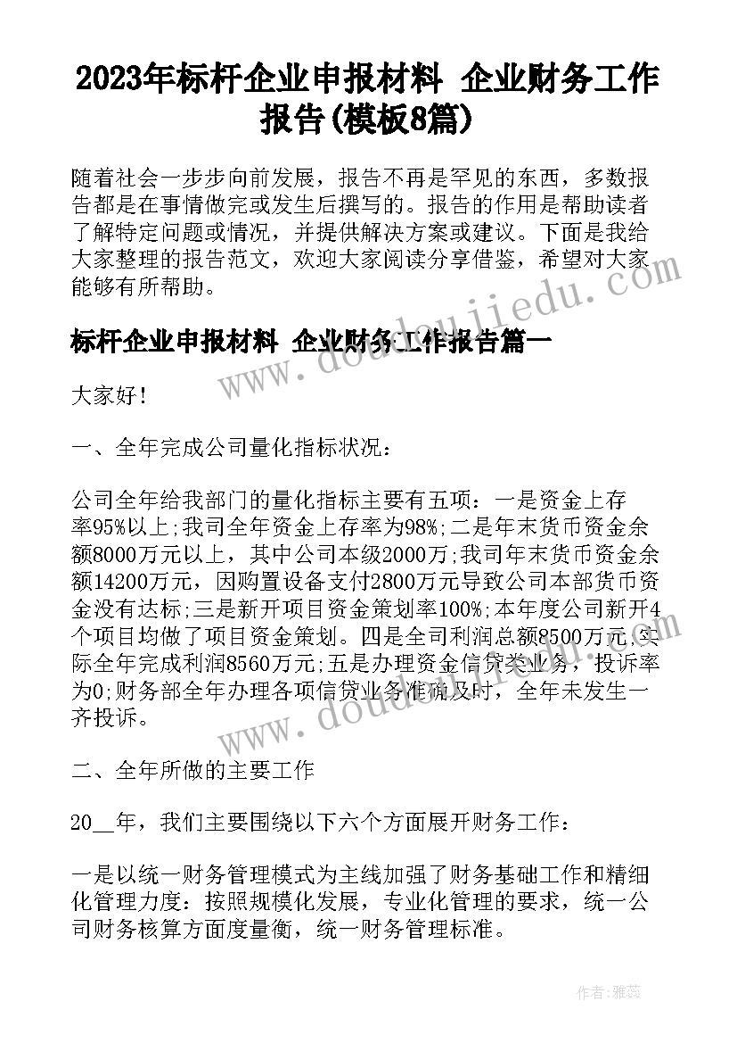 2023年标杆企业申报材料 企业财务工作报告(模板8篇)