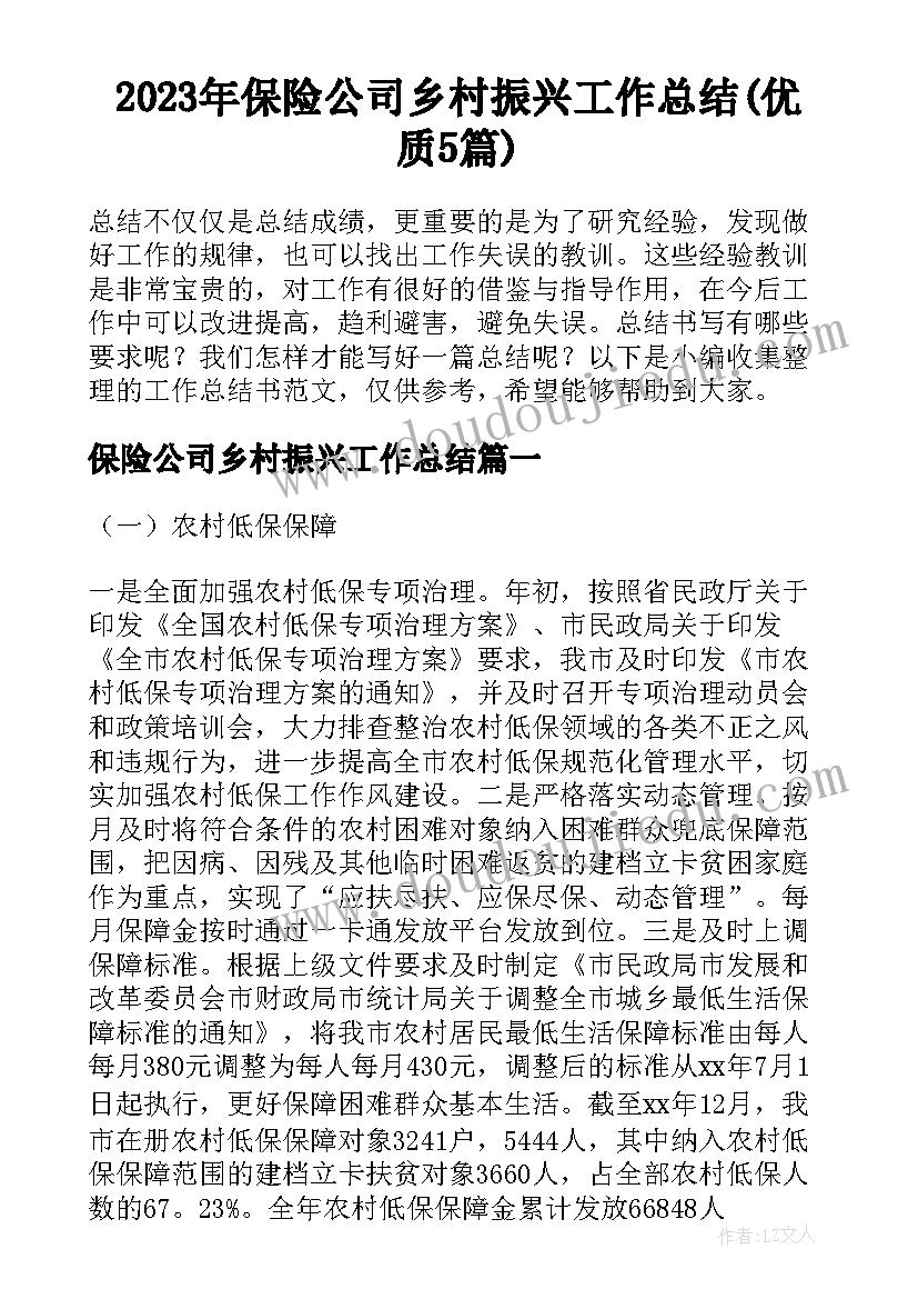 2023年保险公司乡村振兴工作总结(优质5篇)