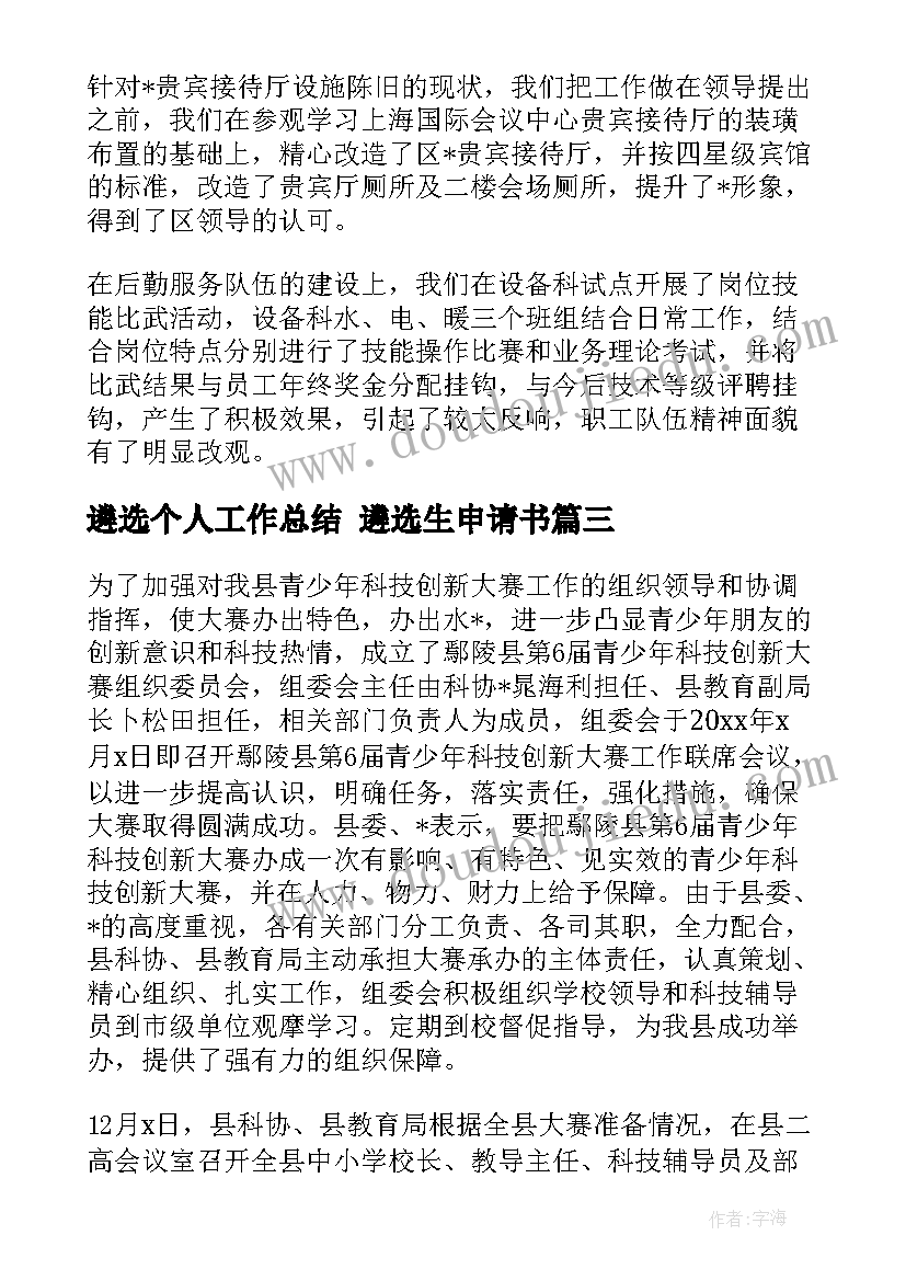 遴选个人工作总结 遴选生申请书(大全5篇)