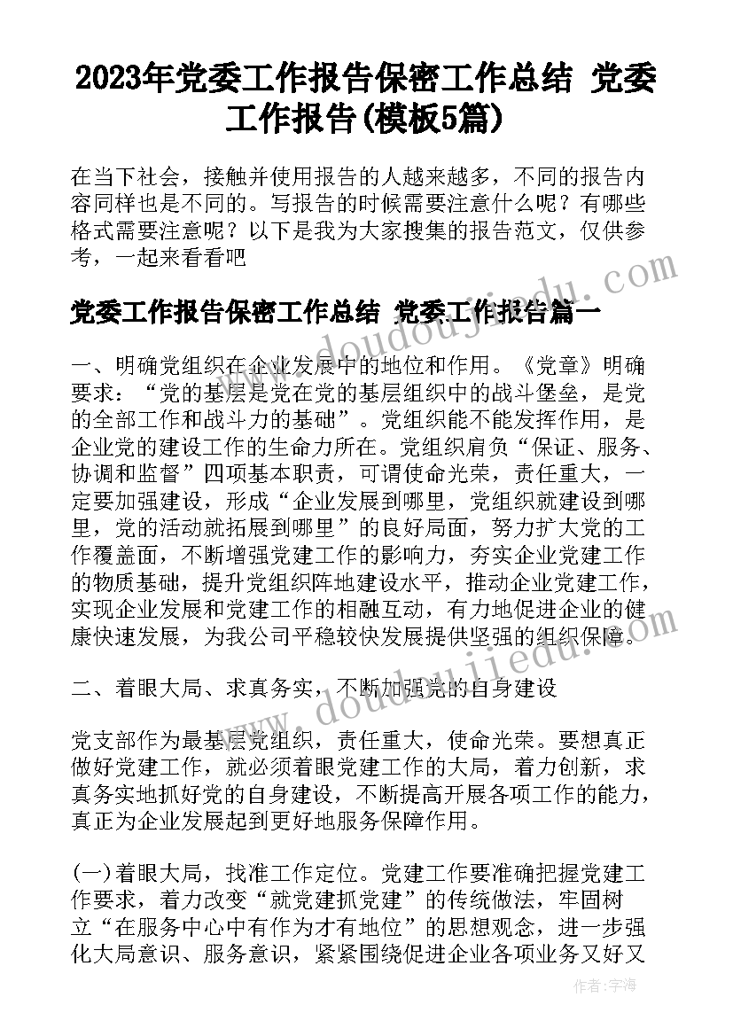 2023年党委工作报告保密工作总结 党委工作报告(模板5篇)