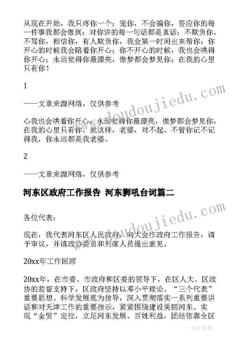 2023年河东区政府工作报告 河东狮吼台词(大全8篇)