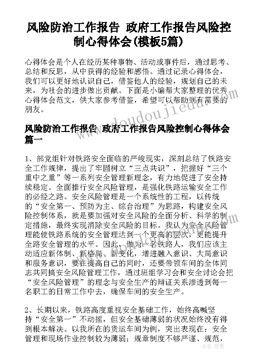 风险防治工作报告 政府工作报告风险控制心得体会(模板5篇)