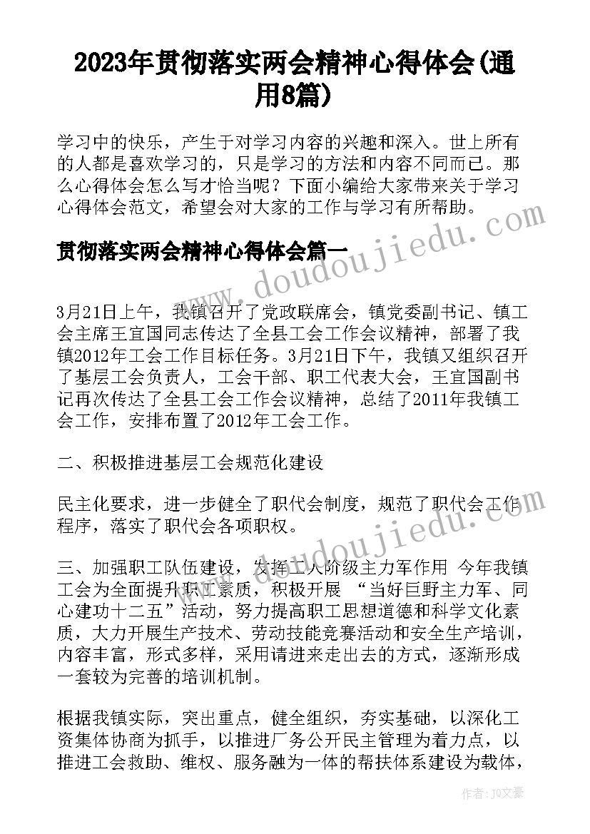 2023年贯彻落实两会精神心得体会(通用8篇)