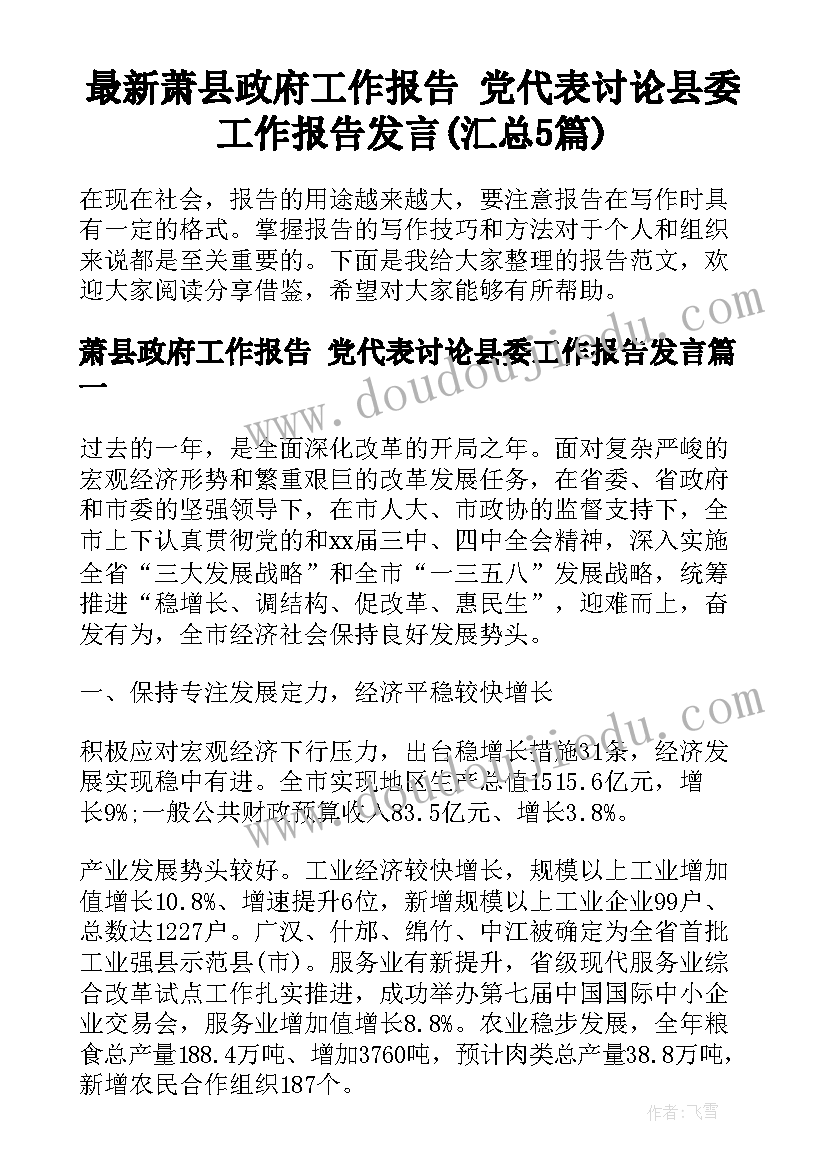 最新萧县政府工作报告 党代表讨论县委工作报告发言(汇总5篇)