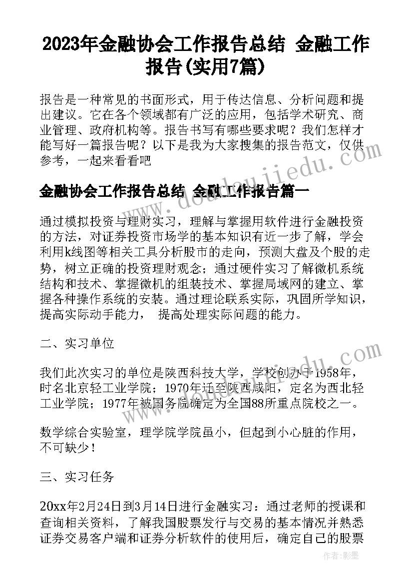 2023年金融协会工作报告总结 金融工作报告(实用7篇)