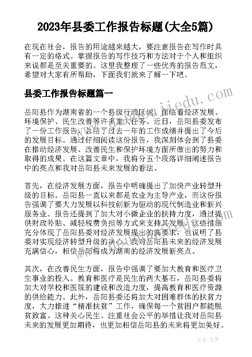 2023年县委工作报告标题(大全5篇)