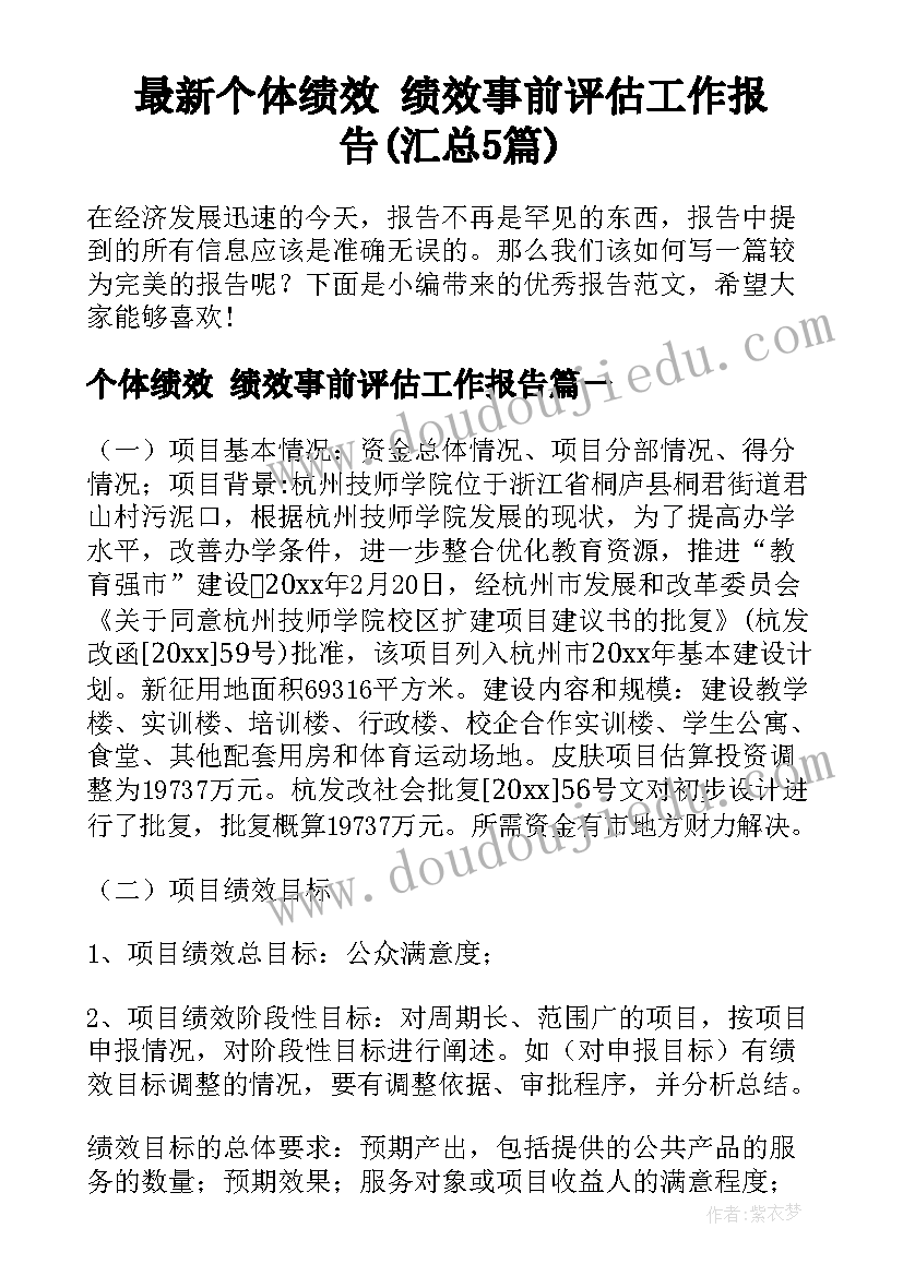 最新个体绩效 绩效事前评估工作报告(汇总5篇)