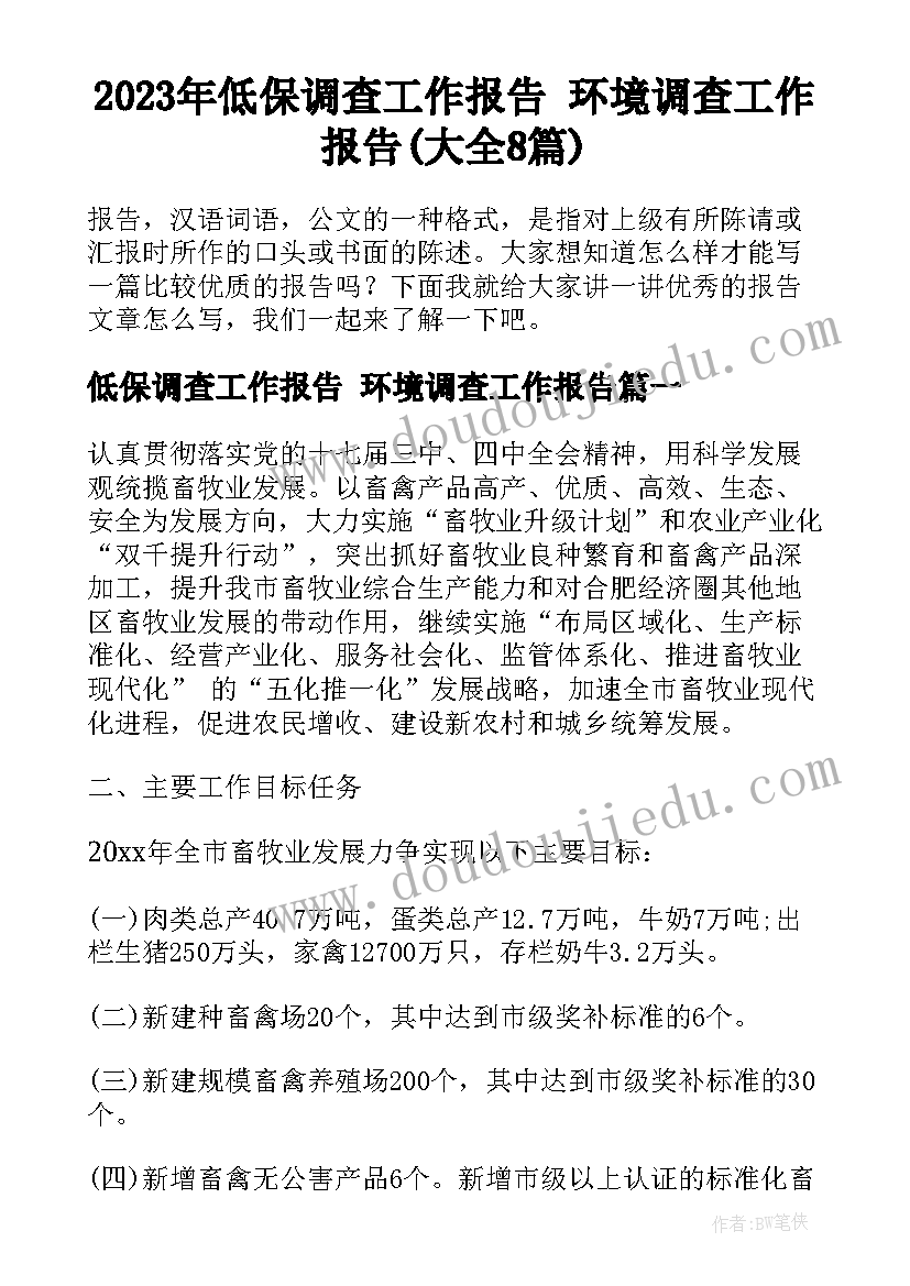 2023年低保调查工作报告 环境调查工作报告(大全8篇)