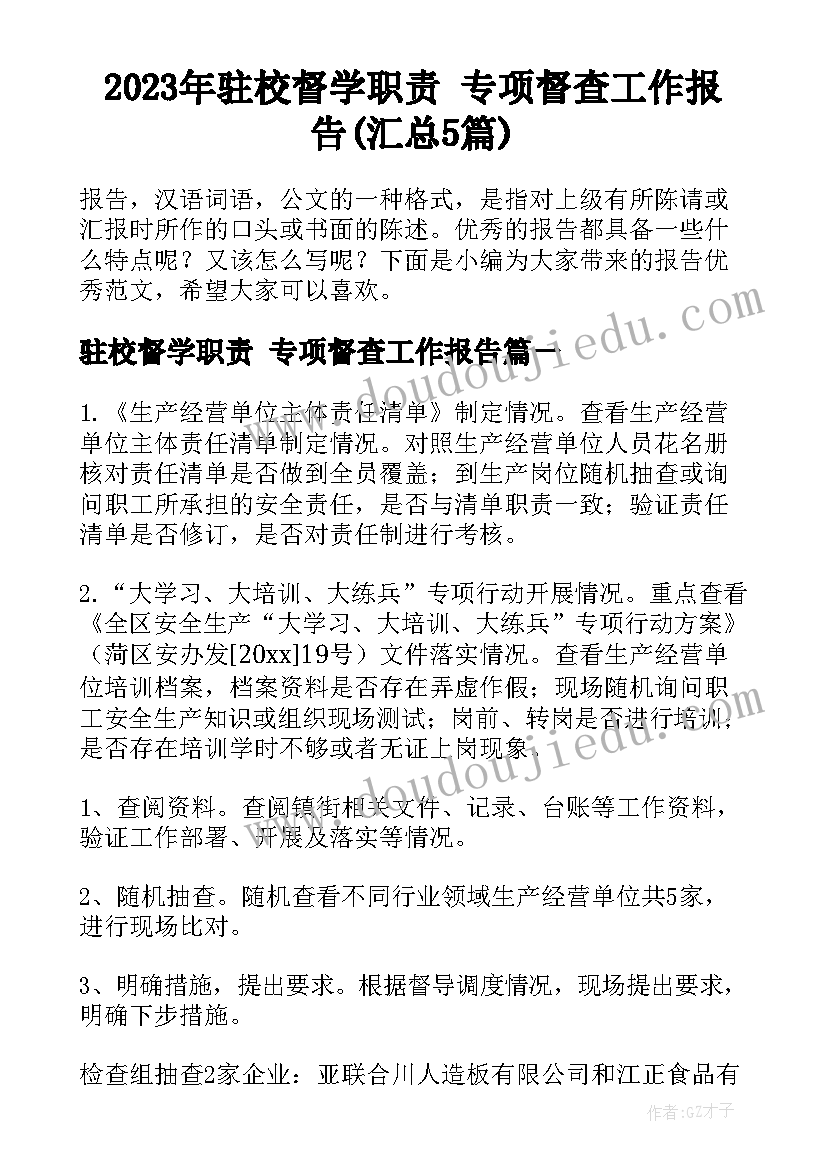 2023年驻校督学职责 专项督查工作报告(汇总5篇)