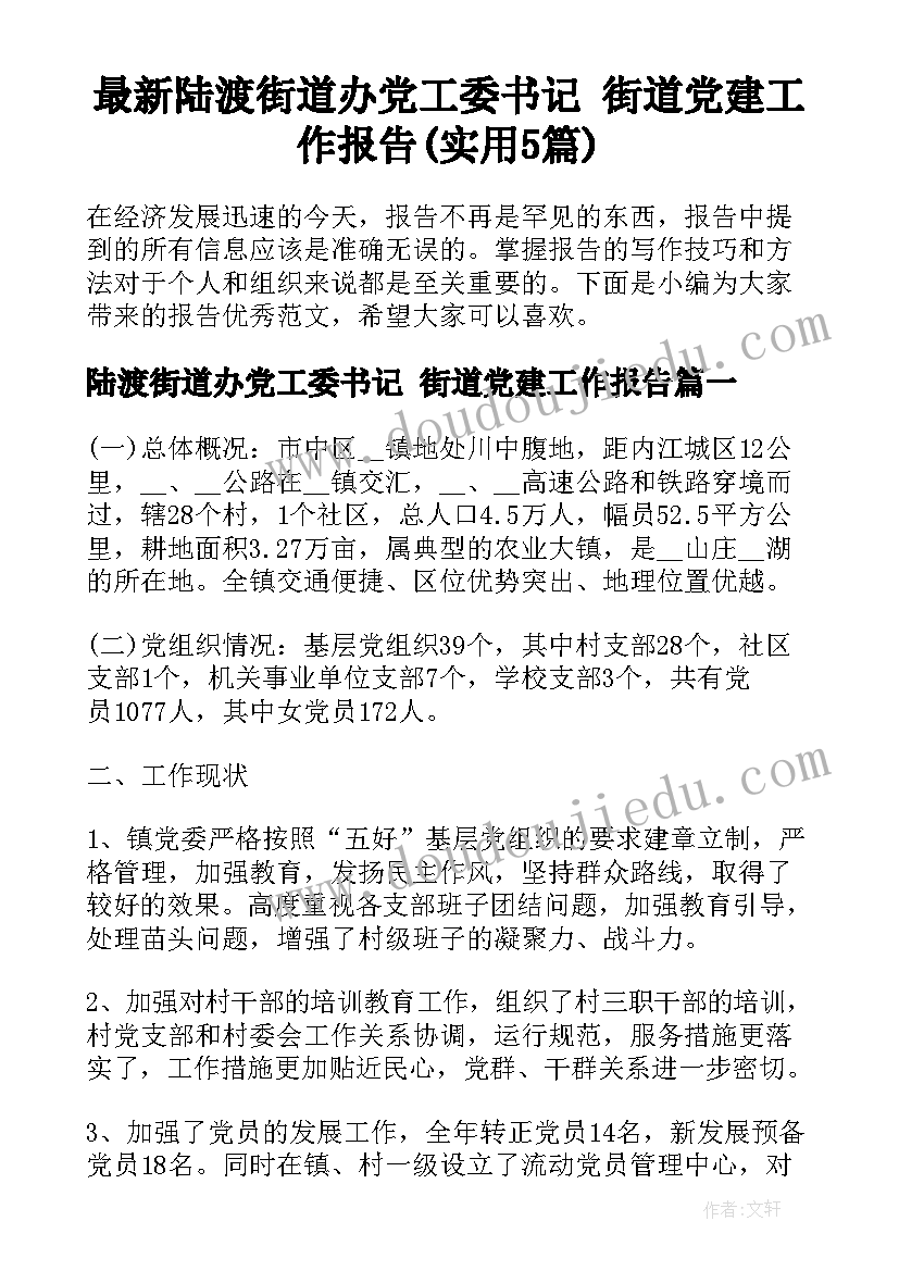 最新陆渡街道办党工委书记 街道党建工作报告(实用5篇)