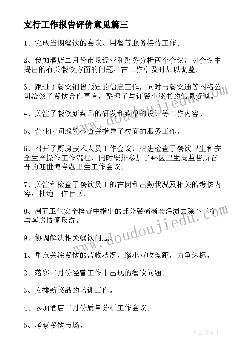 2023年支行工作报告评价意见(通用5篇)