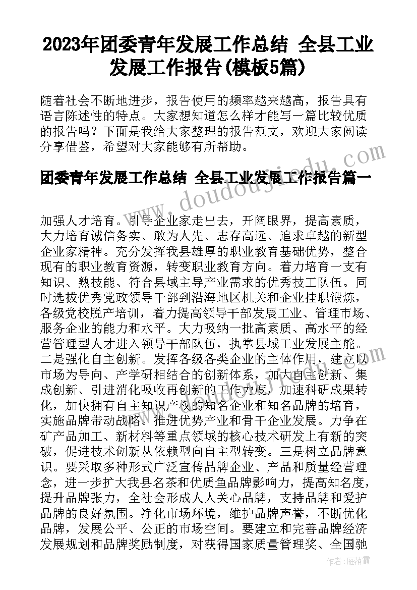 2023年团委青年发展工作总结 全县工业发展工作报告(模板5篇)