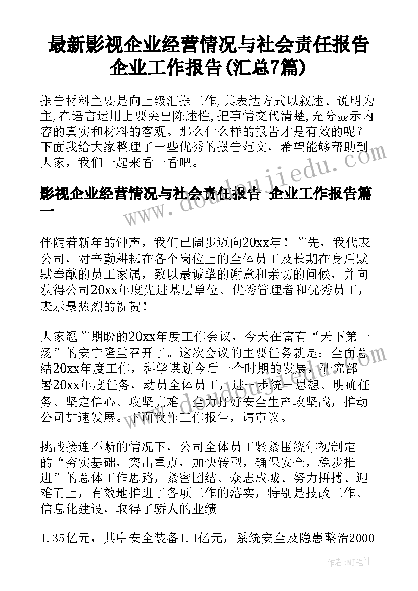 最新影视企业经营情况与社会责任报告 企业工作报告(汇总7篇)