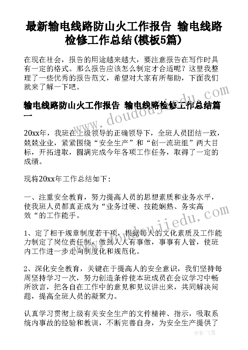 最新输电线路防山火工作报告 输电线路检修工作总结(模板5篇)