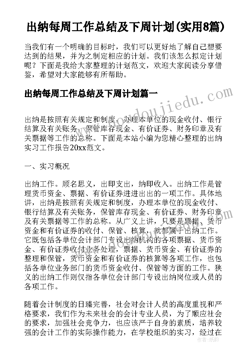 出纳每周工作总结及下周计划(实用8篇)