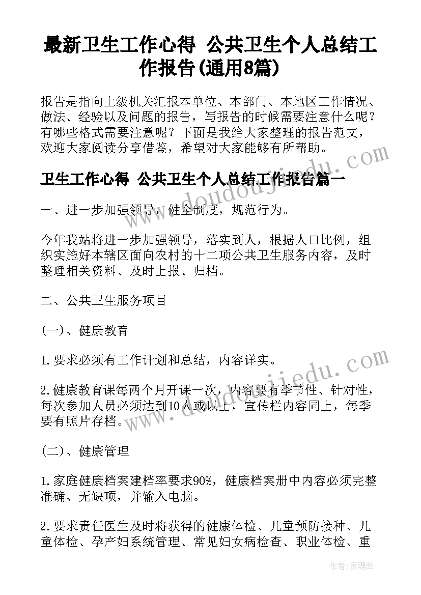 最新卫生工作心得 公共卫生个人总结工作报告(通用8篇)