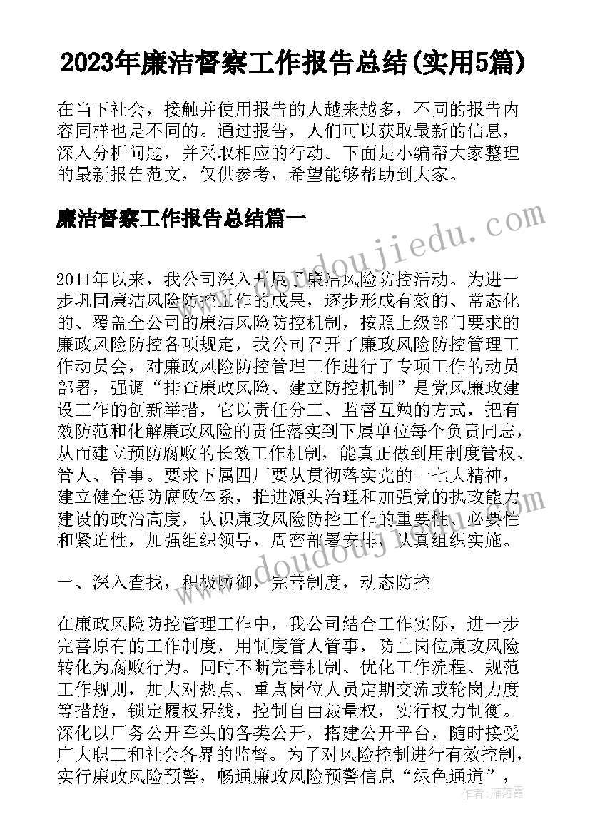 2023年廉洁督察工作报告总结(实用5篇)