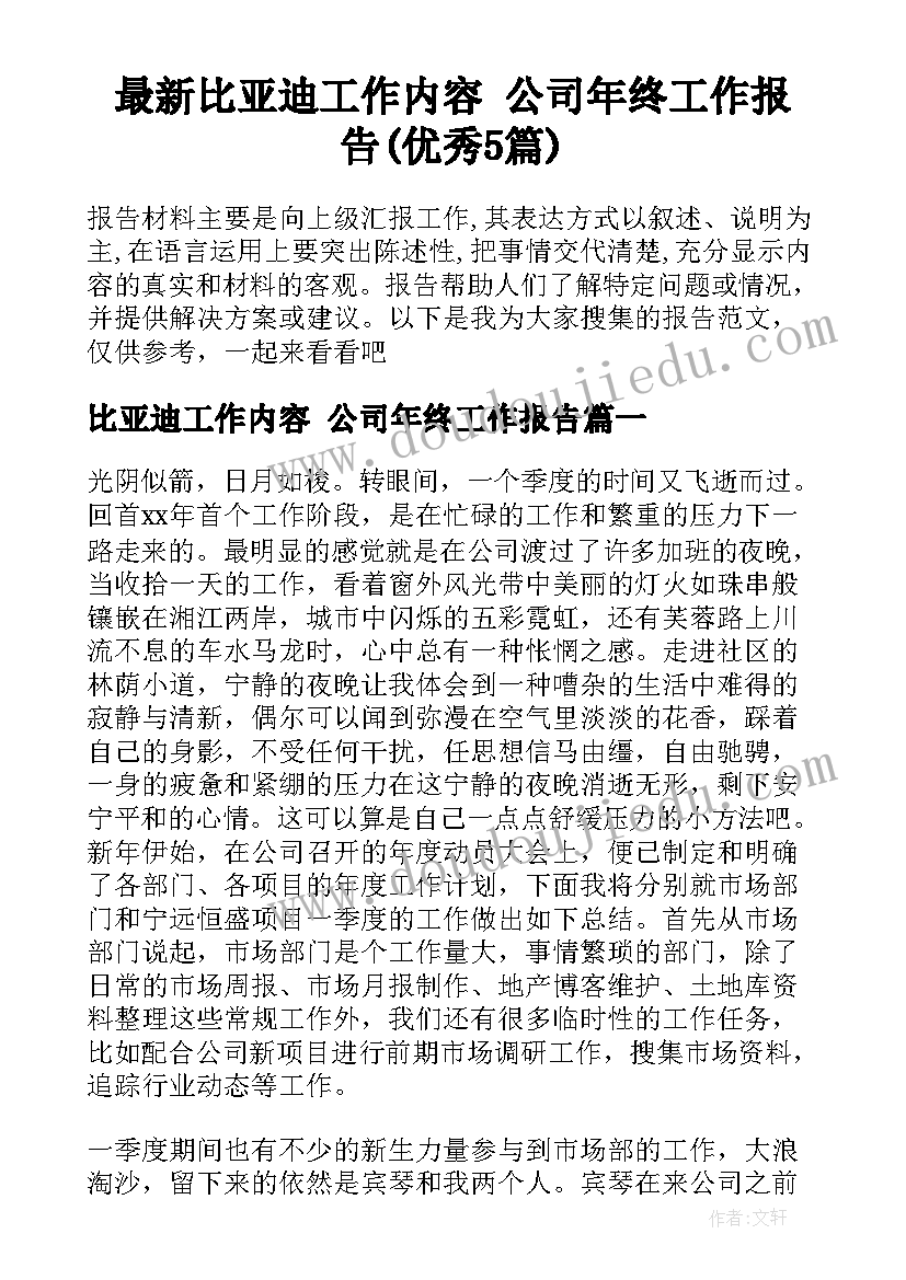 最新比亚迪工作内容 公司年终工作报告(优秀5篇)