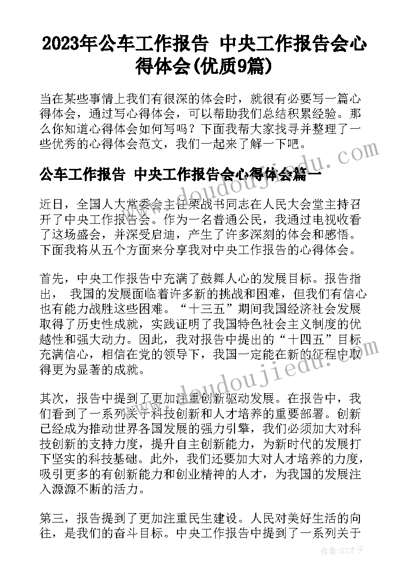 2023年公车工作报告 中央工作报告会心得体会(优质9篇)