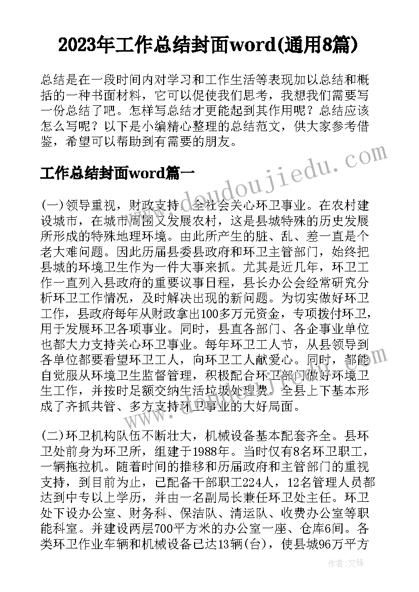 2023年工作总结封面word(通用8篇)